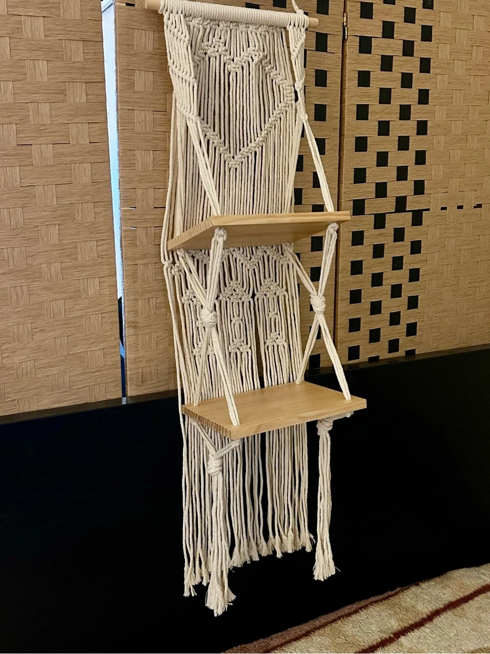 Macrame Hanging Wall Shelf 2 Tier Heart Design Natural Woven Wood Plant Hanger